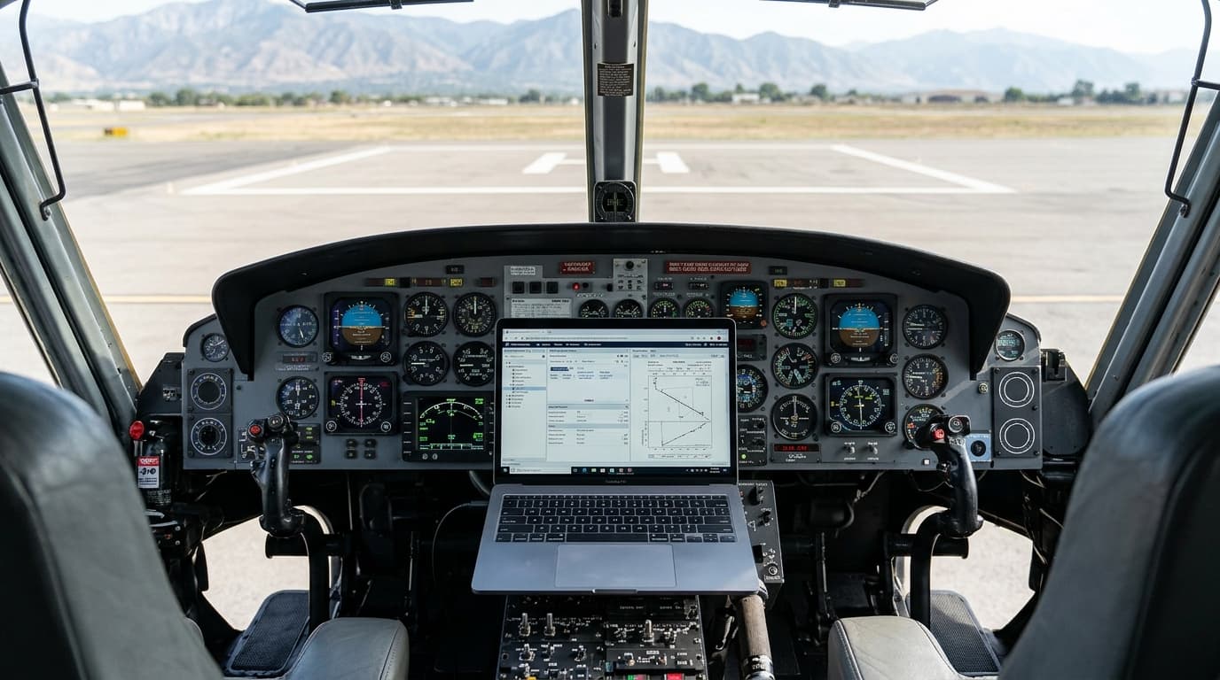 Diagnostic laptop connected in a helicopter cockpit