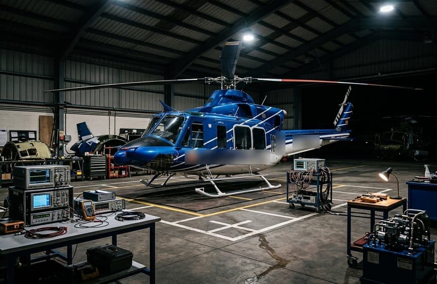 Helicopter in a hangar surrounded by avionics test equipment