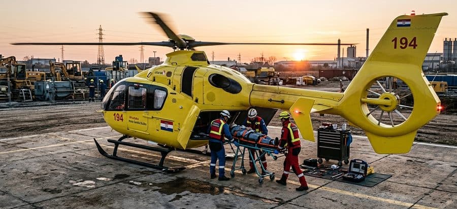 Medical crew loading a patient on a stretcher into an air ambulance helicopter